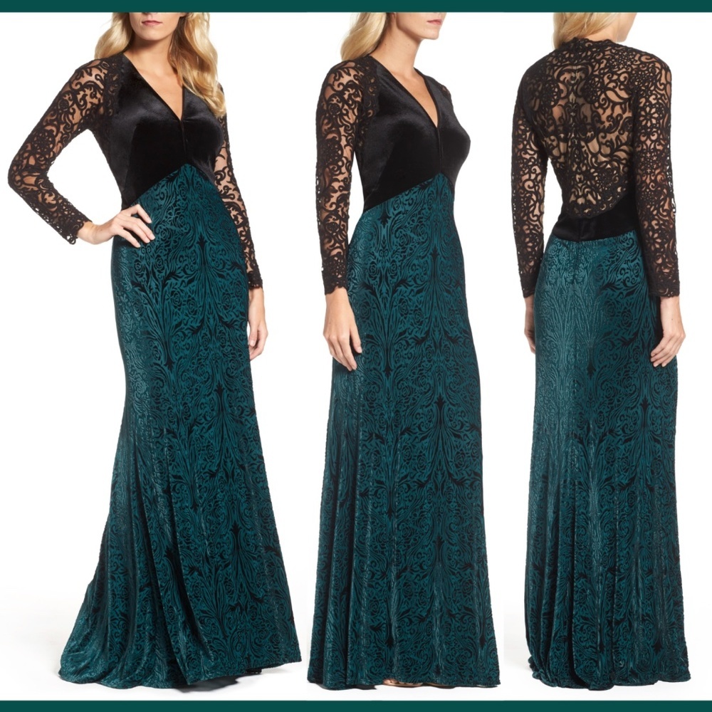 NEW Tadashi Shoji V-Neck Velvet & Illusion‎ Gown in Black/Forest [PLUS 18W ]